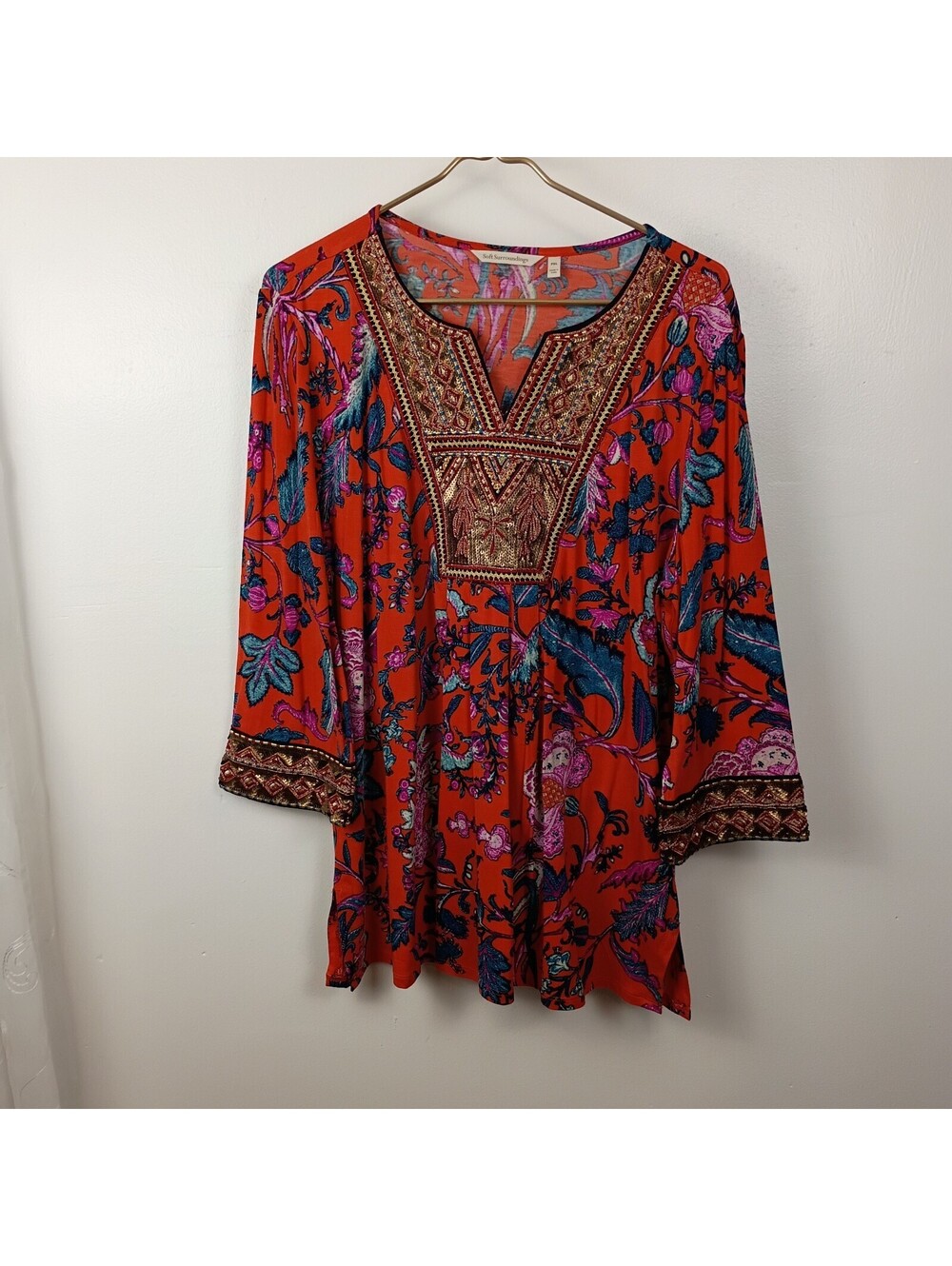 Soft Surroundings Samara Orange Floral Beaded Sequin 3/4 Sleeve Tunic Top Sz PXL